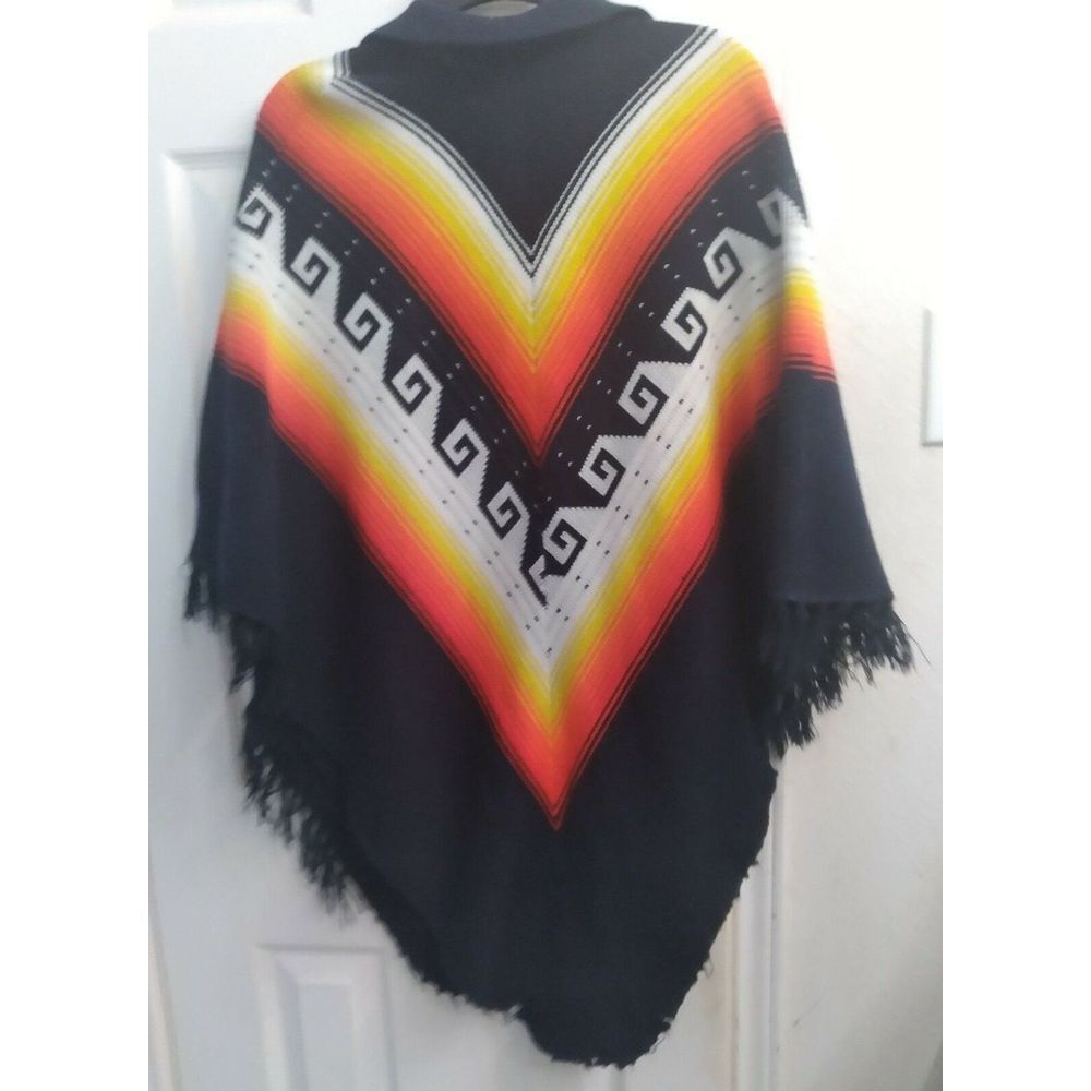 Vintage‎ Mexican Style Poncho Black Rainbow Geometric Pattern Fringe Boho Wear